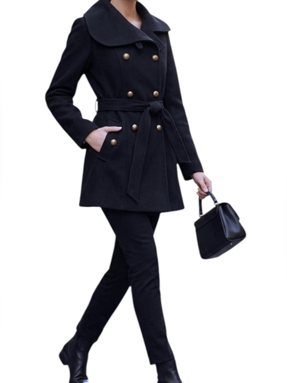 Atmosphere Black Double Breasted Belted Business Casual Peacoat Size US 6